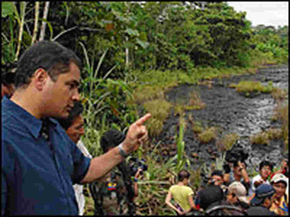 Ecuadorean President Rafael Correa speaks with people during an April 2007 visit to Los Sachas