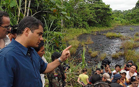 Ecuadorean President Rafael Correa speaks with people during an April 2007 visit to Los Sachas