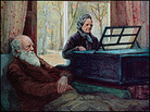 A painting of Darwin sitting while his wife plays the piano. A painting of Darwin sitting while his wife plays the piano.