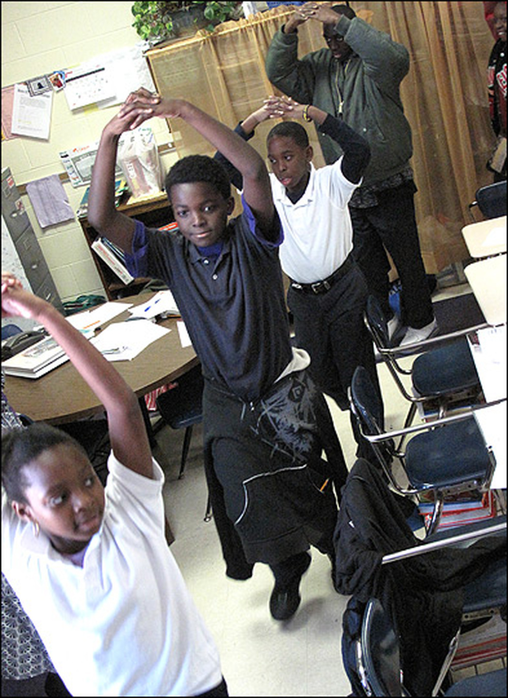 Students at Mitchell Elementary School in Charleston, S.C take a stretch break.