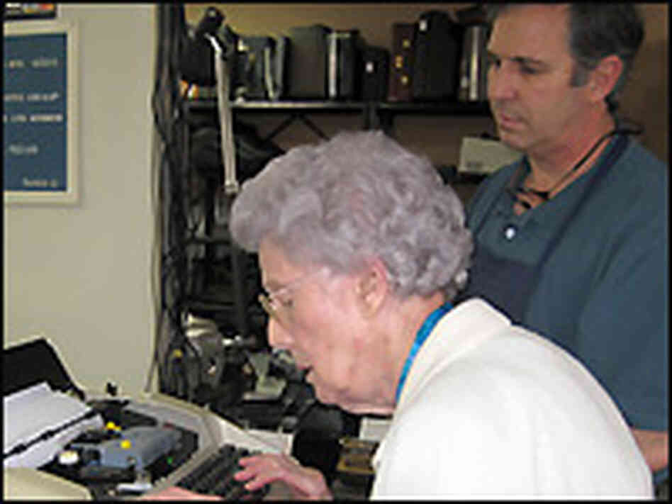 Esther Johnson, 103, brought her electric typewriter in for repair at John Sansone's shop.