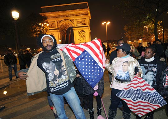 A supporter of Barack Obama celebrates his victory in Paris.
