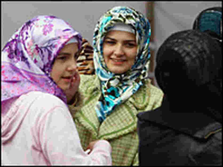 Young Muslim women after attending afternoon prayers at  a predominantly Turkish mosque in Berlin.