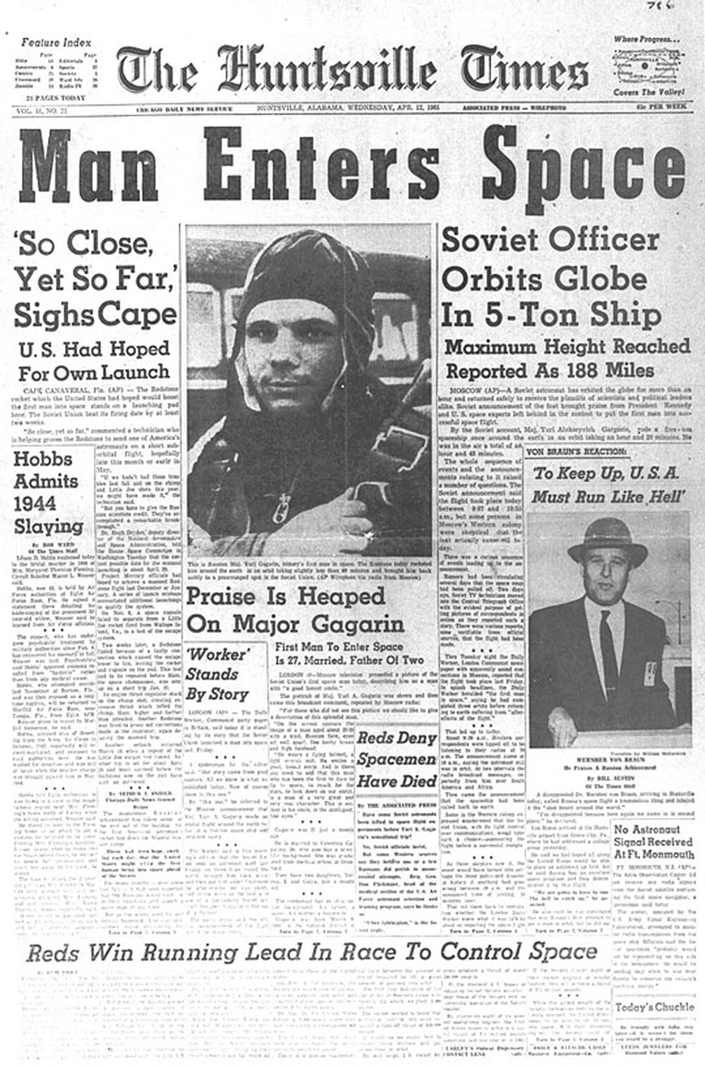 A newspaper announces the first manned space flight.