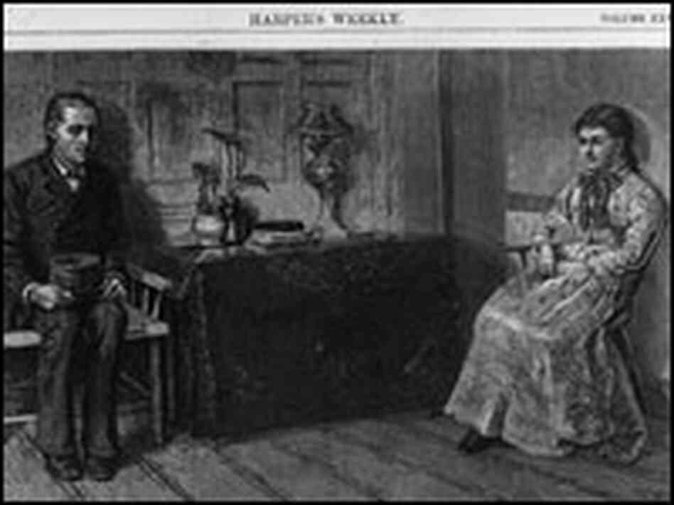 A wood engraving shows a man courting a women in a bare living room.