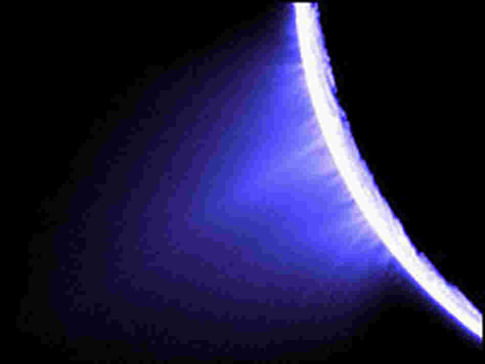 Jets of water vapor and ice shoot away from Saturn's moon Enceladus.