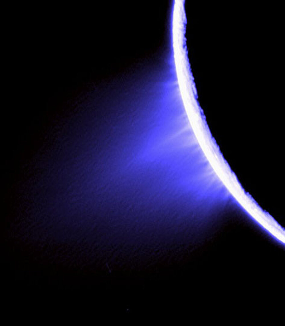 Jets of water vapor and ice shoot away from Saturn's moon Enceladus.