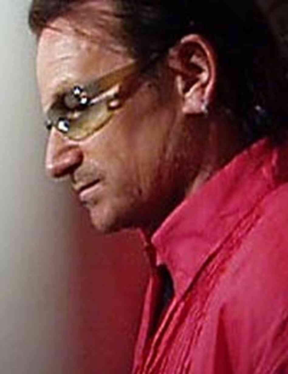U2 frontman Bono at the news conference to announce plans for The One Campaign U2 frontman Bono at the news conference to announce plans for The One Campaign