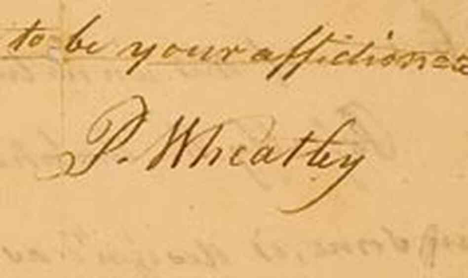 Detail of Wheatley's letter with her signature. Detail of Wheatley's letter with her signature.