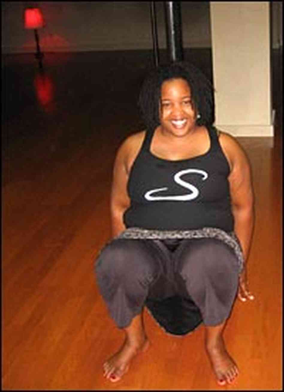 Farai Chideya tries out a move with her back to a strip pole at the S Factor studios. Farai Chideya tries out a move with her back to a strip pole at the S Factor studios.