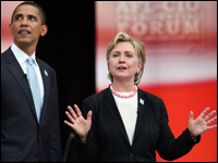 Democratic presidential candidates Obama and Clinton