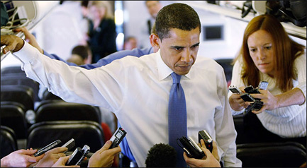 Obama on press plane