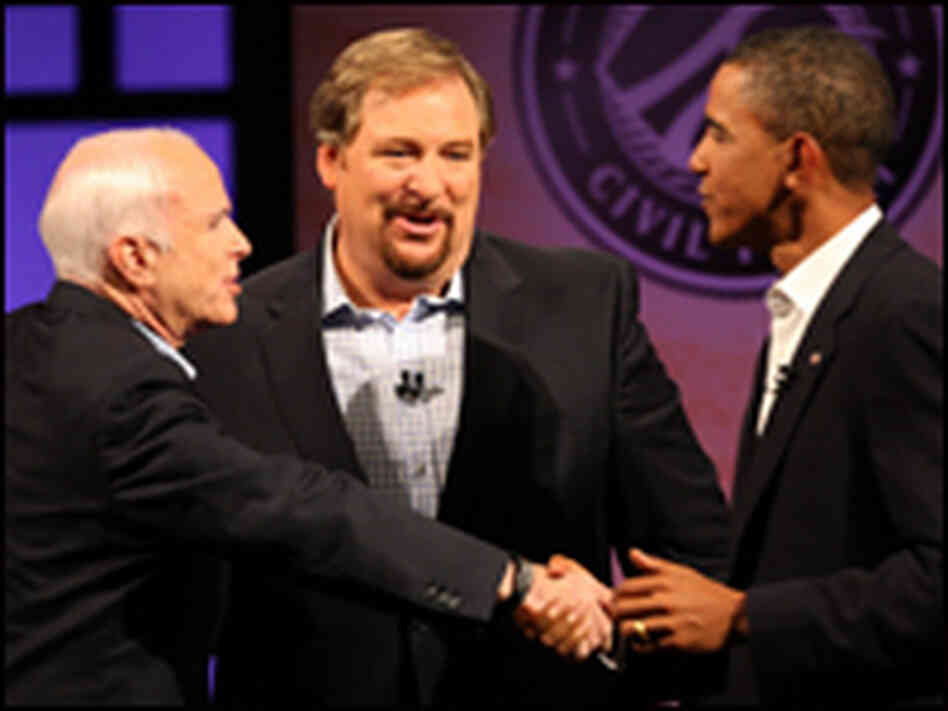 John McCain (R-AZ), pastor Rick Warren and Barack Obama (D-IL) John McCain (R-AZ), pastor Rick Warren and Barack Obama (D-IL)