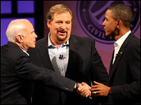 John McCain (R-AZ), pastor Rick Warren and Barack Obama (D-IL)
