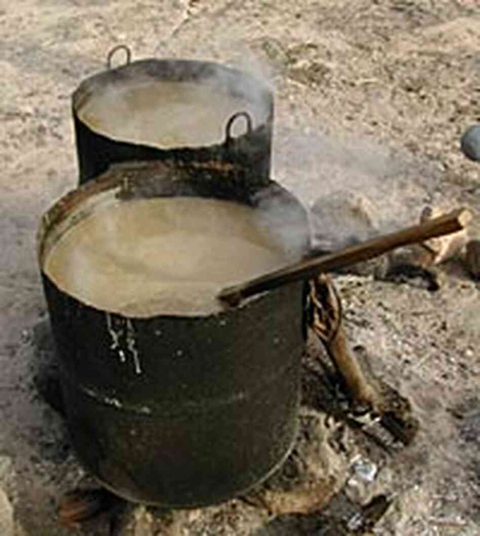 Boiling cauldrons of ground corn -- one of the first steps in creating the corn beer called tesquino Boiling cauldrons of ground corn -- one of the first steps in creating the corn beer called tesquino