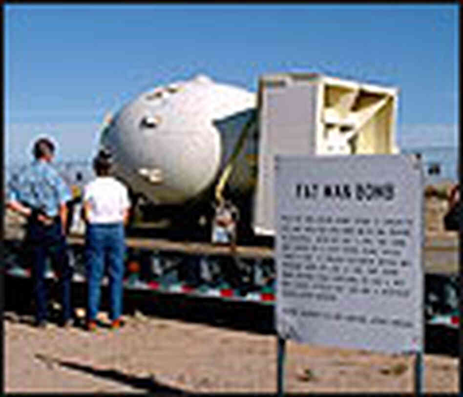 A replica of the "Fat Man" bomb. It's bulbous and larger than a small car. A replica of the "Fat Man" bomb. It's bulbous and larger than a small car.