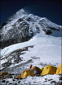A view of Everest's summit 
		from base camp.