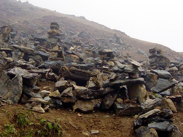 Stone houses built by pilgrims on their way up to Dokarla Pass.