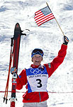 Shannon Bahrke celebrates medal