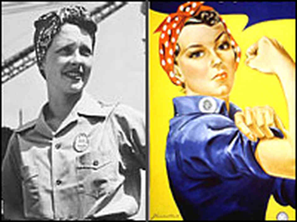 One of the Portland shipyard's workers, left, and a detail from a poster promoting patriotic duty. One of the Portland shipyard's workers, left, and a detail from a poster promoting patriotic duty.