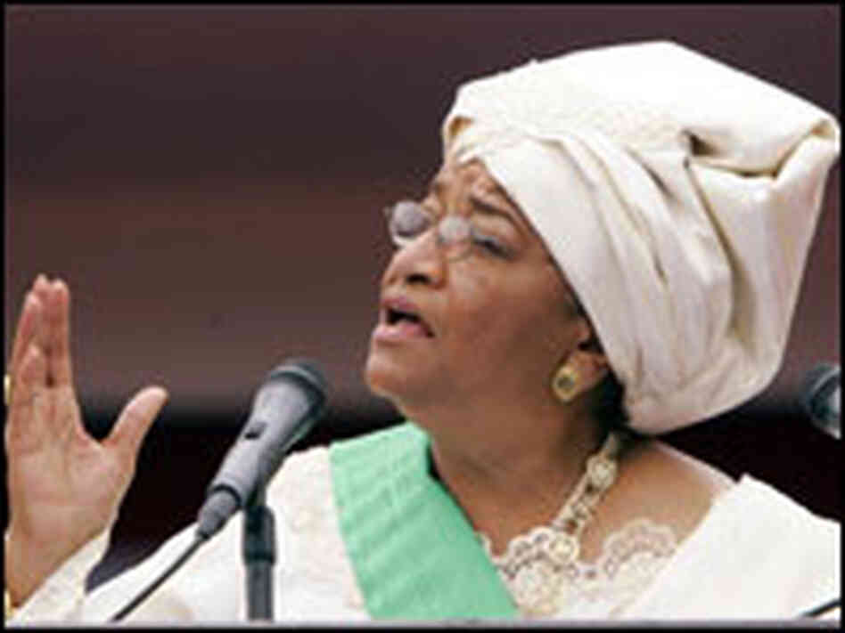 Ellen Johnson Sirleaf speaks at a ceremony. Ellen Johnson Sirleaf speaks at a ceremony.