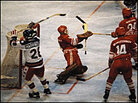 The shot which gave the U. S. a stunning upset victory over the Soviet Union. The shot which gave the U. S. a stunning upset victory over the Soviet Union.