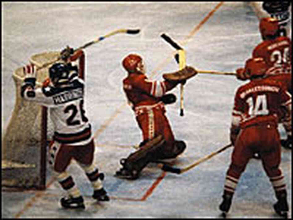The shot which gave the U. S. a stunning upset victory over the Soviet Union. The shot which gave the U. S. a stunning upset victory over the Soviet Union.