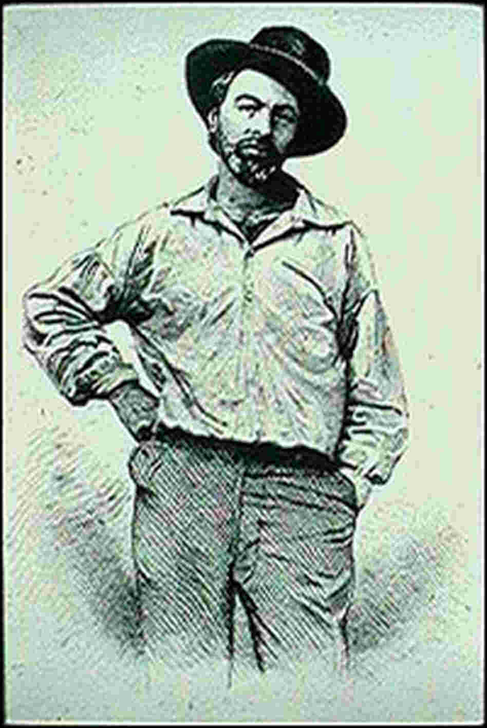 Walt Whitman in 1854, wearing a flat-topped hat, arms akimbo. Walt Whitman in 1854, wearing a flat-topped hat, arms akimbo.