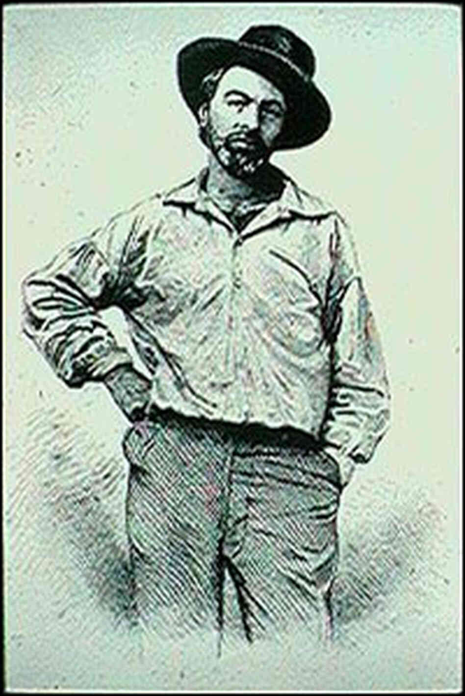 Walt Whitman in 1854, wearing a flat-topped hat, arms akimbo. Walt Whitman in 1854, wearing a flat-topped hat, arms akimbo.