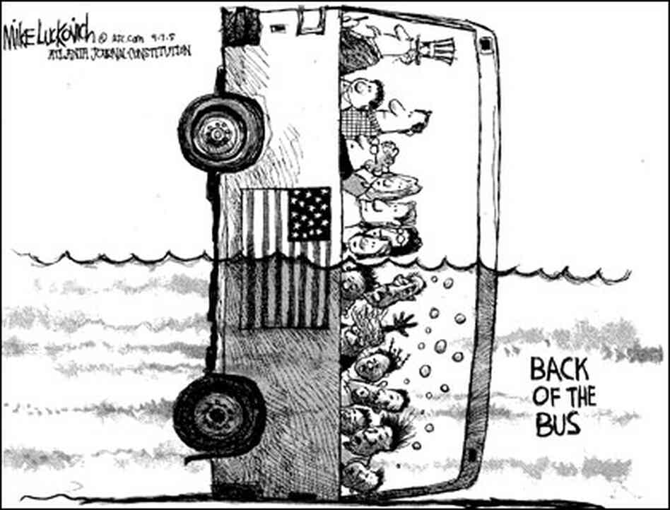 New Orleans' black residents are in the back of a flooded bus driven by Uncle Sam New Orleans' black residents are in the back of a flooded bus driven by Uncle Sam