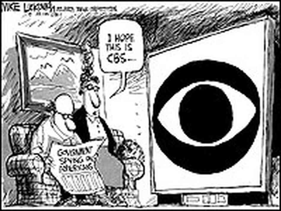 The CBS Eye looms on a TV as Mom and Pop wonder if it's really the government spying on them.