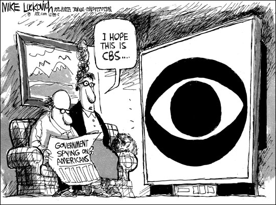 The CBS Eye looms on a TV as Mom and Pop wonder if it's really the government spying on them.