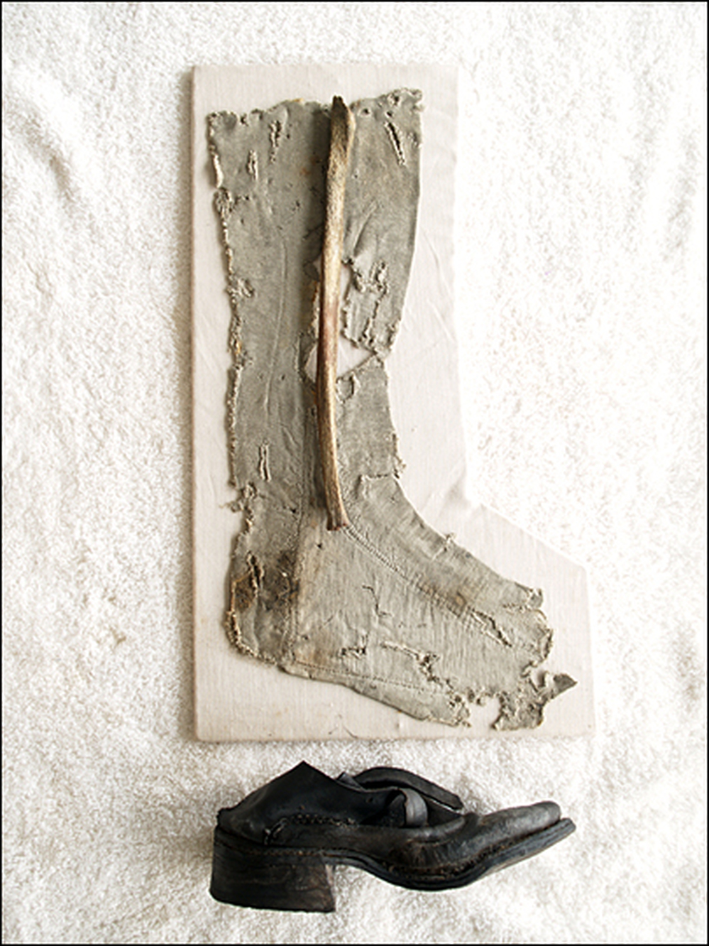 Stocking, fibula, and shoe from the recently identified remains.