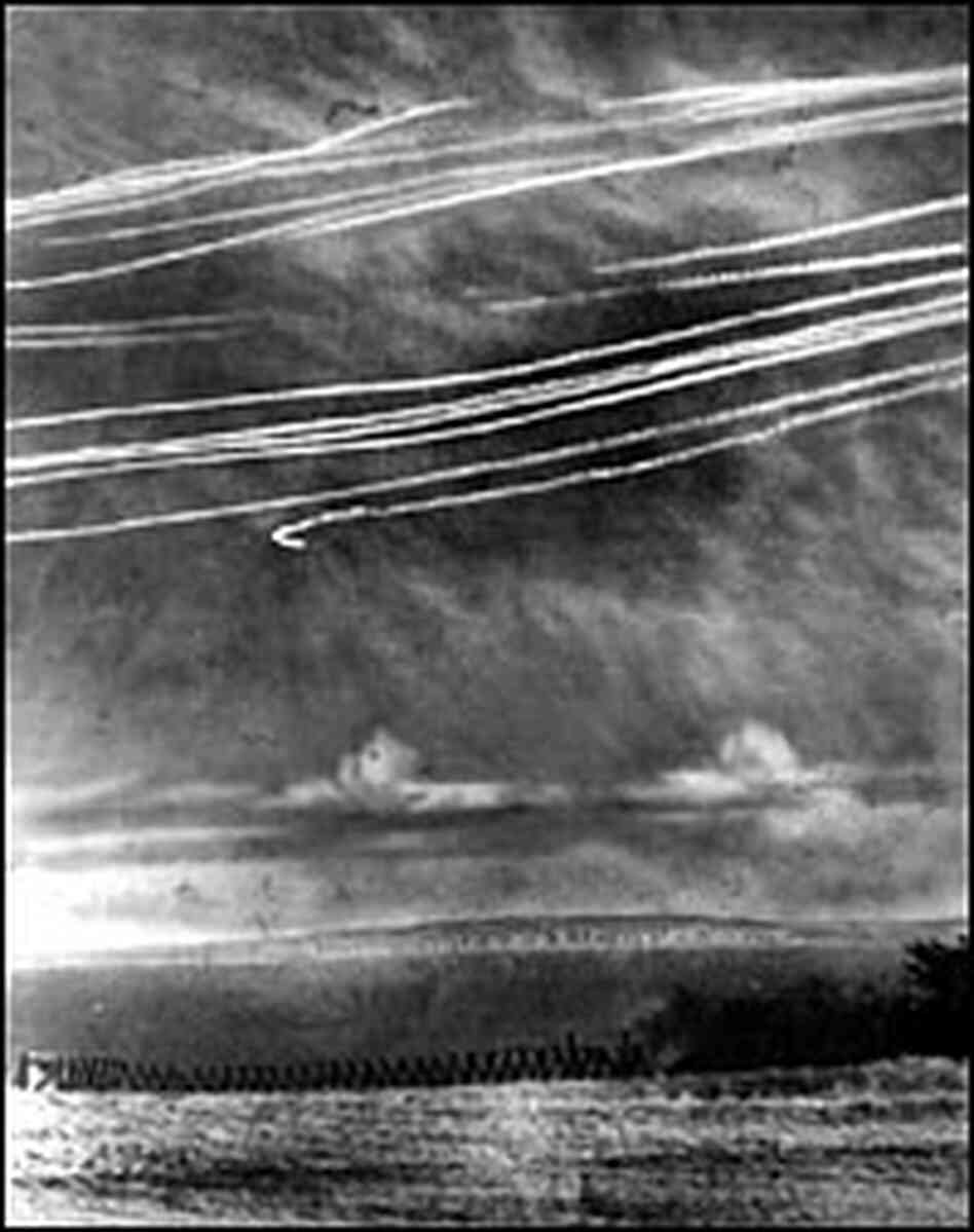 Photograph of air trails after dogfight above English Channel.