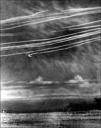 Photograph of air trails after dogfight above English Channel.