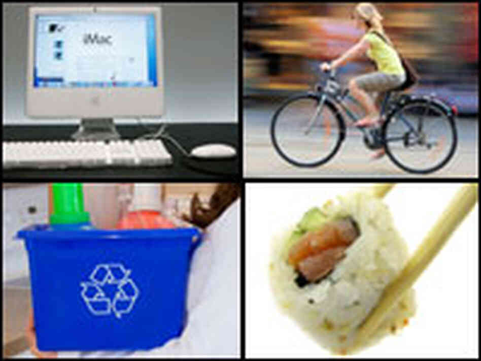 Mac computer, bicyclist, recycling bin, sushi. Mac computer, bicyclist, recycling bin, sushi.