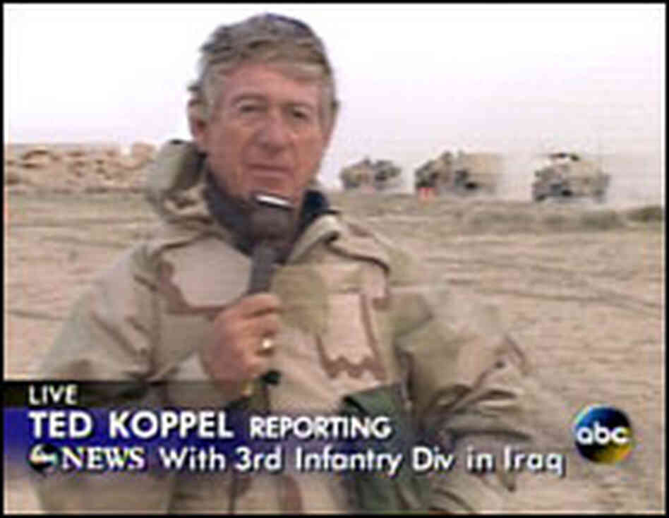 A screenshot of an ABC News broadcast shows Ted Koppel reporting from Iraq