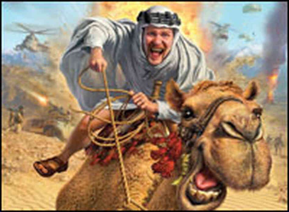 Promotional poster for Where in the World Is Osama? Illustration of Morgan Spurlock on a camel.
