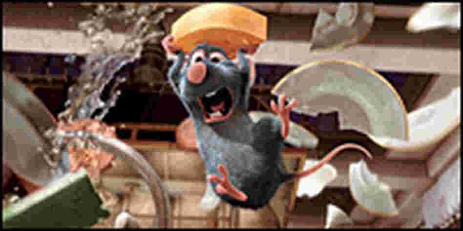 Remy splashing through sink, carrying cheese, from 'Ratatouille'