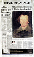 Toronto Globe and Mail front page featuring new Shakespeare portrait