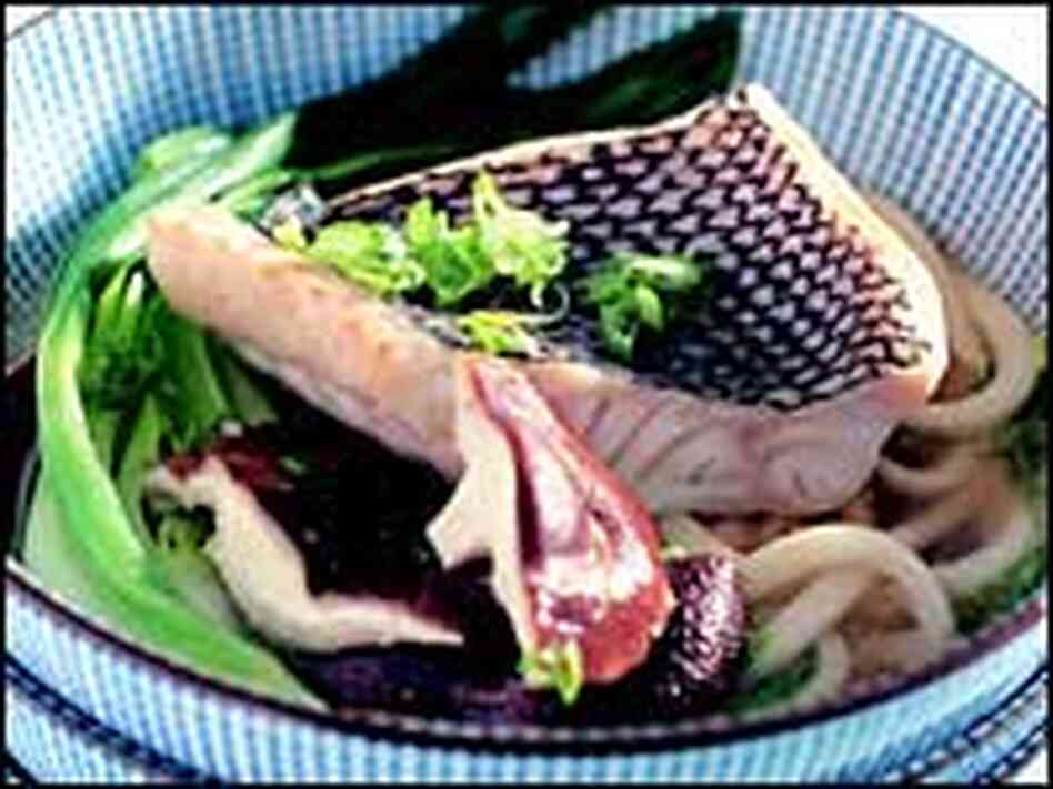 Steamed Black Bass in Miso Soup with Udon and Shiitakes Steamed Black Bass in Miso Soup with Udon and Shiitakes