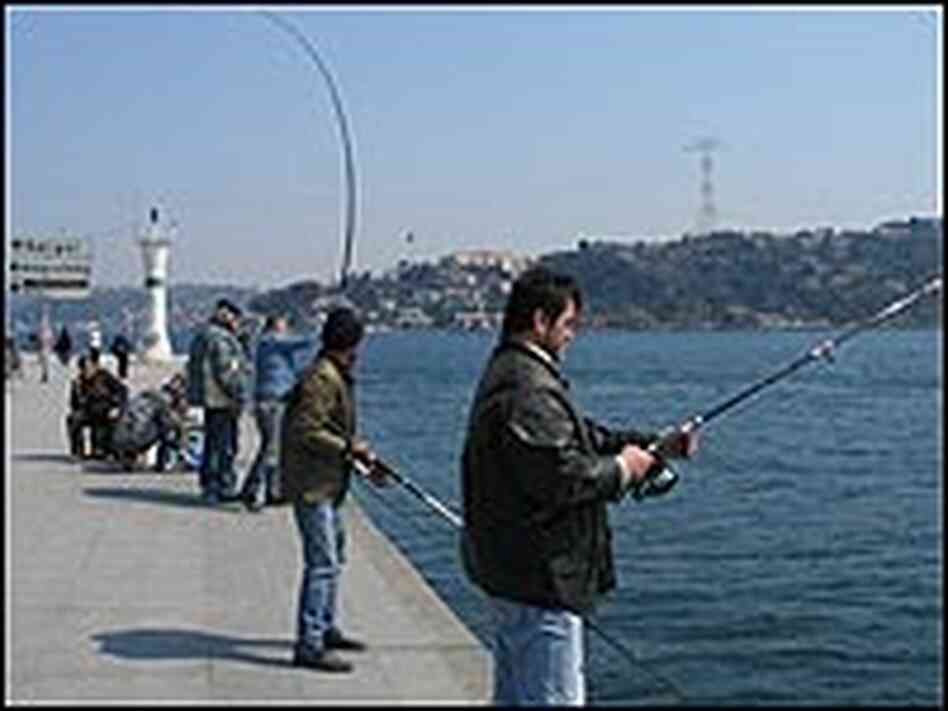 Fishermen cast their hooks into the rushing waters of the Bosphorus Strait. Fishermen cast their hooks into the rushing waters of the Bosphorus Strait.