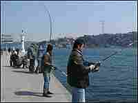 Fishermen cast their hooks into the rushing waters of the Bosphorus Strait. Fishermen cast their hooks into the rushing waters of the Bosphorus Strait.