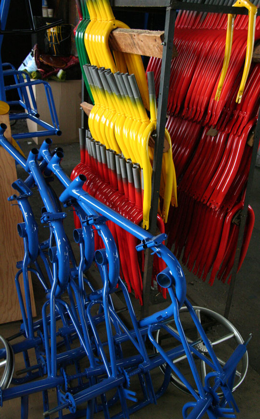 Freshly painted bike frames at Worksman Cycles.