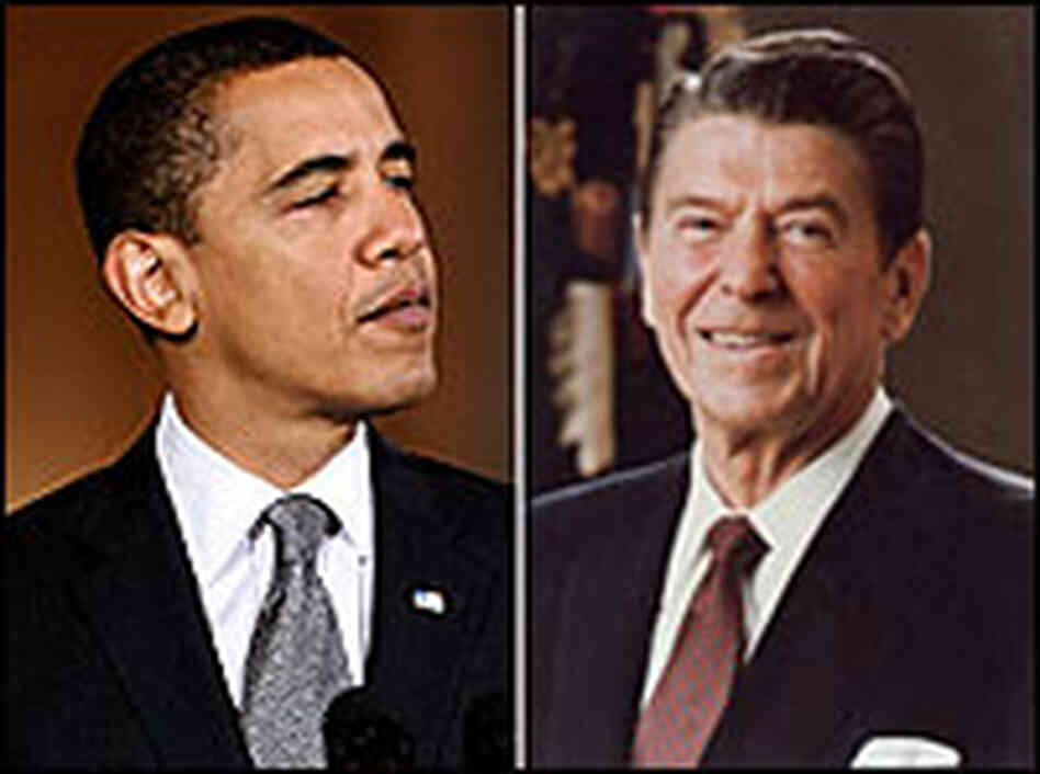 A composite photo of President Obama in 2009 and President Reagan in 1985. A composite photo of President Obama in 2009 and President Reagan in 1985.