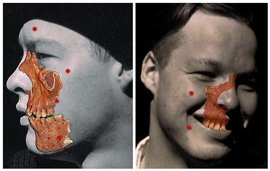 Skull fragments superimposed over Ruess' portraits. National Geographic Adventure