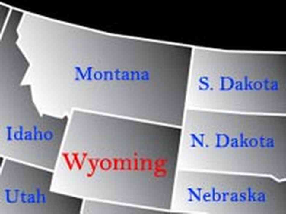 A map of the northwestern U.S. highlights Wyoming in red letters. A map of the northwestern U.S. highlights Wyoming in red letters.