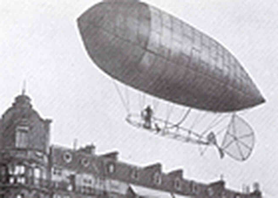 Santos-Dumont soaring above Paris rooftops in his 'No. 9' dirigible Santos-Dumont soaring above Paris rooftops in his 'No. 9' dirigible