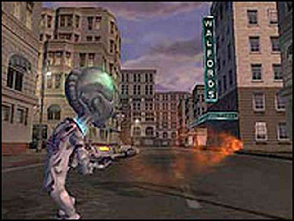 Space man threatens 1950s-era town in video-game screen capture. Space man threatens 1950s-era town in video-game screen capture.