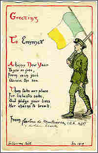 A hand-painted card with a soldier and a republican flag, circa 1919. A hand-painted card with a soldier and a republican flag, circa 1919.